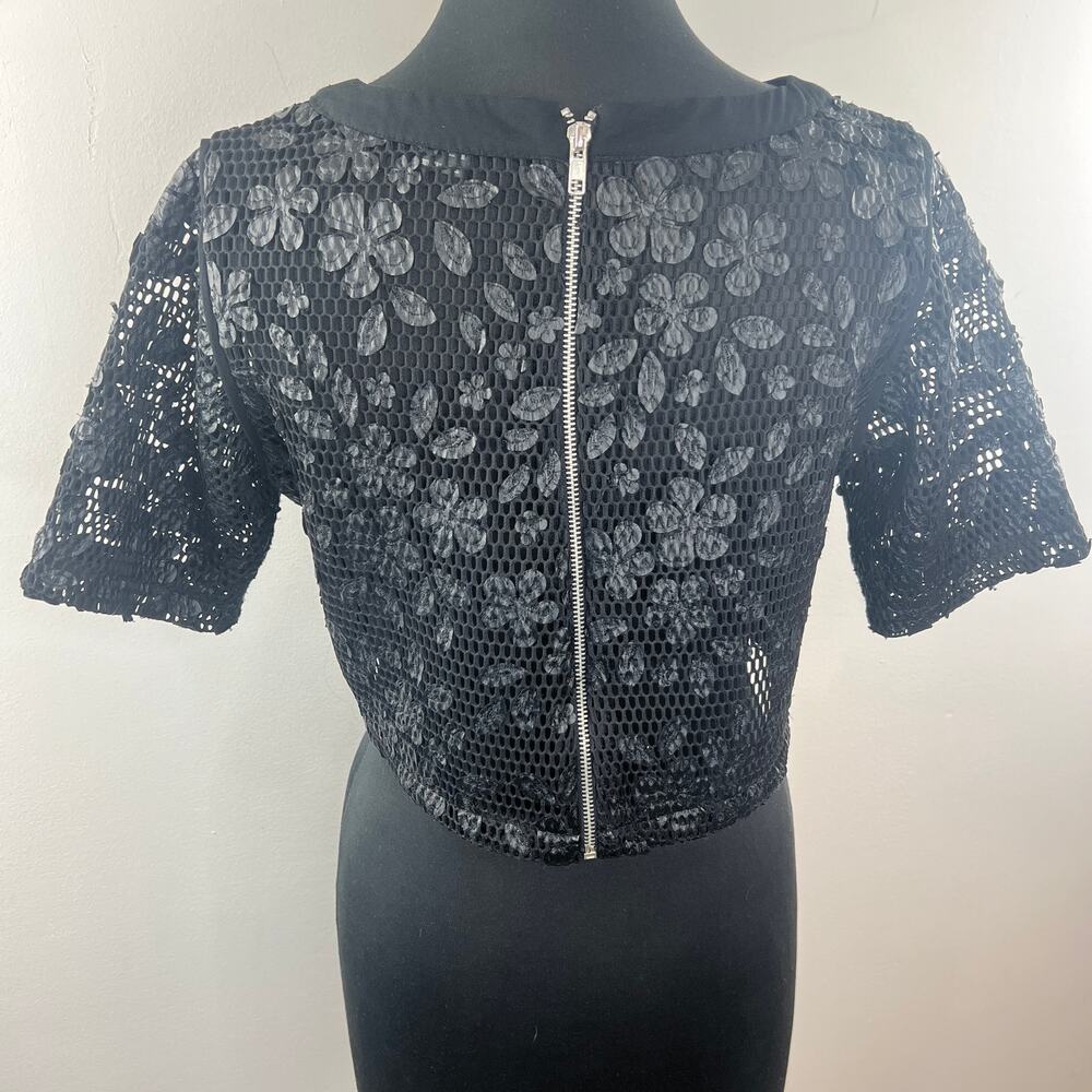 GRACIA Black Top Mesh Floral Crew Neck 3/4 Sleeve Back Zip Classic Size Large L - Picture 6 of 8